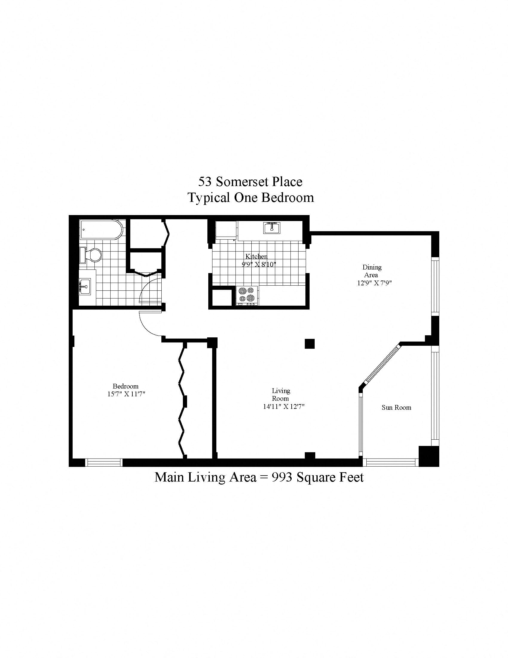 Floor plan for 2 beds, 1 bath, 993 sqft